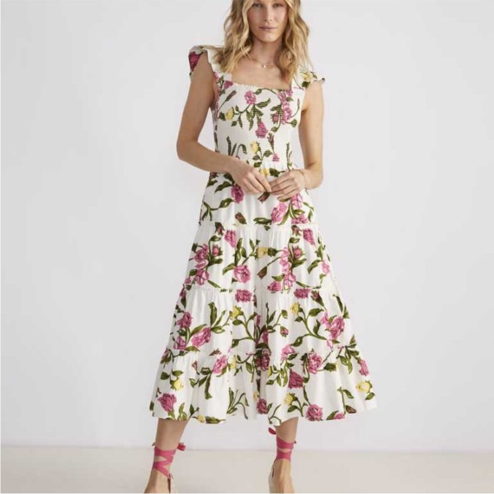 Vineyard Vines Kentucky Derby smocked Floral Midi Dress Size Large - Picture 2 of 8
